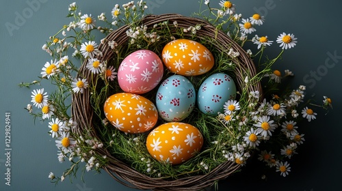 Colorful decorated eggs in a nest surrounded by flowers for Easter celebration