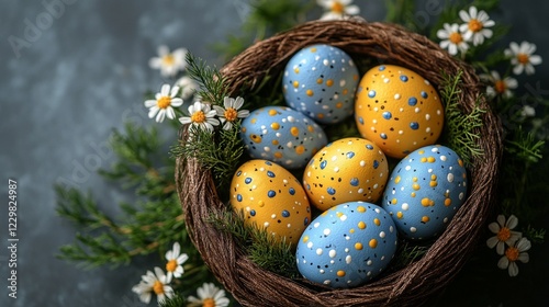 Colorful Easter eggs arranged in a decorative nest adorned with daisies and greenery for spring celebration