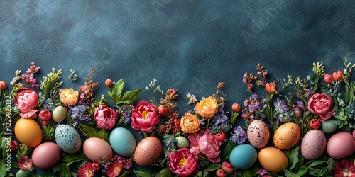 Colorful Easter eggs surrounded by vibrant spring flowers on a dark blue background