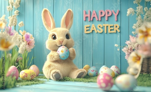 Cute bunny sitting among colorful Easter eggs in a festive spring setting with flowers and decorations