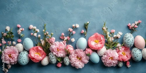 Beautiful spring arrangement of pastel flowers and decorative eggs on a textured blue background for Easter celebration