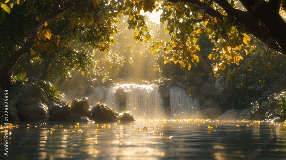 Fototapeta premium Serene autumn waterfall, sun rays, forest pool