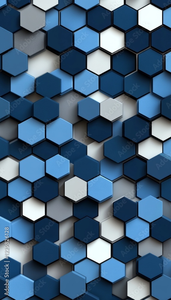 Abstract Background Featuring a 3D Seamless Pattern of Light Gray, Gray, and Blue Hexagon Tiles Abstract Background Featuring a 3D Seamless Pattern of Light Gray, Gray, and Blue Hexagon Tiles