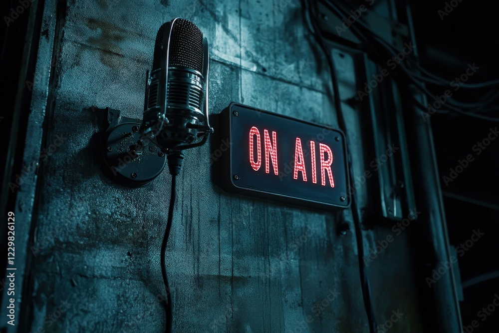 Fototapeta premium A microphone is in front of a neon sign that says on air