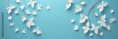 Intricately cut white paper leaves floating on a tranquil blue surface, forming a beautiful and delicate pattern, tranquil, organic, intricate cuts photo