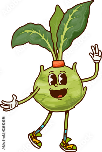 Groovy kohlrabi cartoon character on fitness sport, vector comic vegetable. Groovy kohlrabi cabbage with happy smile on face and cool gesture on sport training or fitness exercise for healthy food