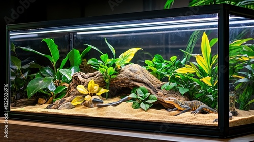 Reptile habitat with lizard and plants in glass terrarium on wood table with soft lighting