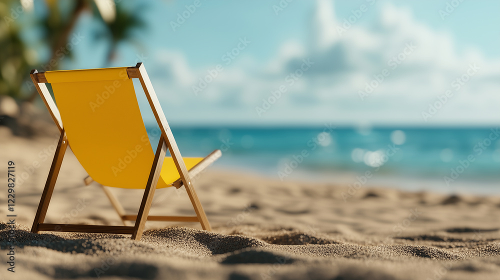 Relaxing on a sunny beach with a folding yellow chair overlooking clear turquoise waters and palm trees Relaxing on a sunny beach with a folding yellow chair overlooking clear turquoise waters and palm trees