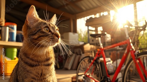 Tabby cat in golden light with red bicycle and shelves in background of a rustic shed photo