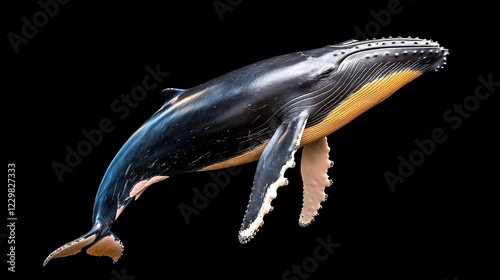 Humpback whale swimming in dark water with golden belly and white flippers on black background photo