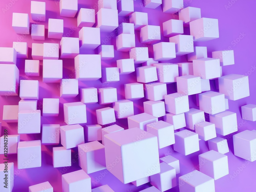 Large light-purple cubes are arranged in a seemingly random pattern on an abstract purple background, geometric patterns, cubist art, purple Large light-purple cubes are arranged in a seemingly random pattern on an abstract purple background, geometric patterns, cubist art, purple