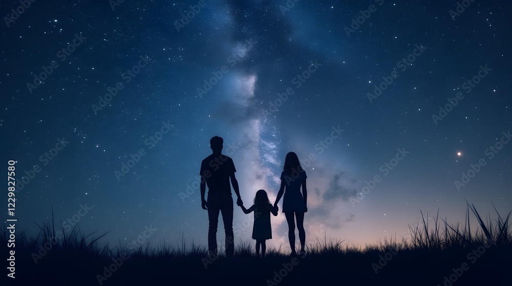 Silhouette Family against the backdrop of the starry sky and the Milky Way. A bright starry sky, which is looking at a family of three people holding hands. Silhouette Family against the backdrop of the starry sky and the Milky Way. A bright starry sky, which is looking at a family of three people holding hands.