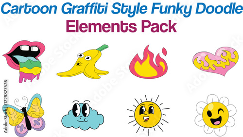 Cartoon Graffiti Style Funky Doodle Elements Pack Funky, urban graffiti-style doodles with a bold, energetic aesthetic.