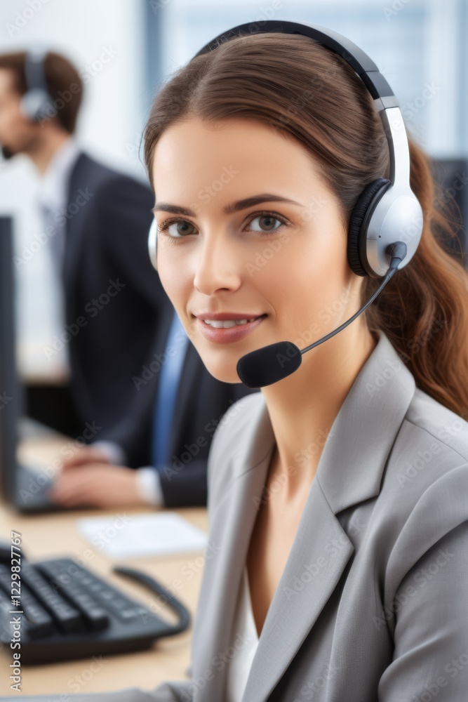 smiling woman wearing headset in front of computer with two other people smiling woman wearing headset in front of computer with two other people