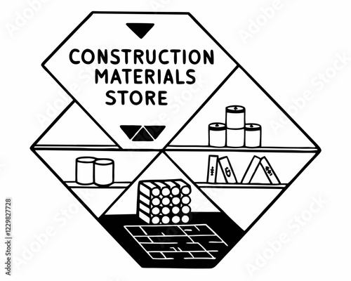 Un logotipo monocromático con estantes que muestran ladrillos, tubos y otros materiales de construcción, acompañado del texto "Construction Materials Store".
