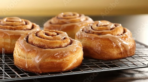 Golden Brown Glazed Cinnamon Rolls on Wire Rack