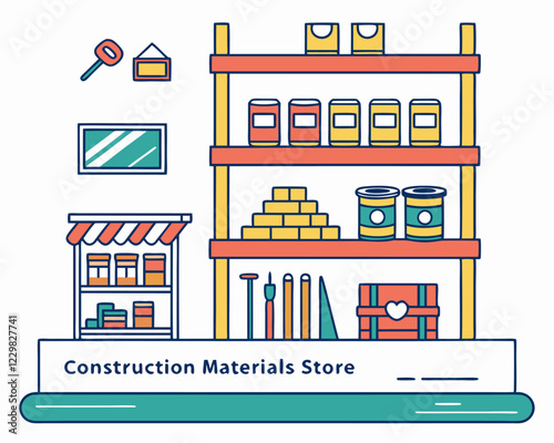 Estanterías coloridas llenas de materiales de construcción como latas, ladrillos y herramientas, con detalles gráficos minimalistas. Una fachada simple incluye un letrero del negocio.
