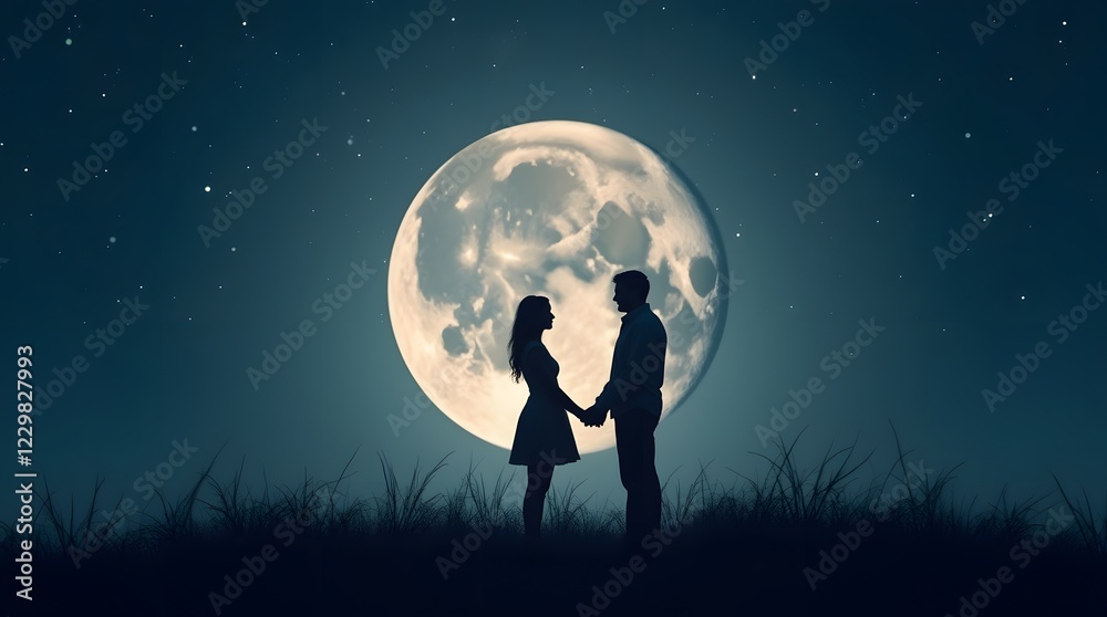 Two silhouettes of a couple in love against the background of a large moon and starry sky. Romantic couple under the moon at night. Two silhouettes of a couple in love against the background of a large moon and starry sky. Romantic couple under the moon at night.