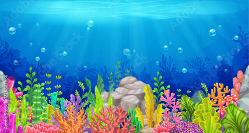Cartoon game background underwater landscape. Vector undersea level filled with colorful coral, rocks and marine plants. Sunlight streams through the clear blue water creating serene and magical scene