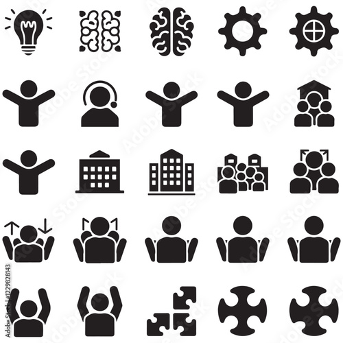 Solution flat icon vector set silhouette. Containing problem solving, light bulb, idea, strategy, creativity, innovation, meeting, teamwork, connecting, management, puzzle