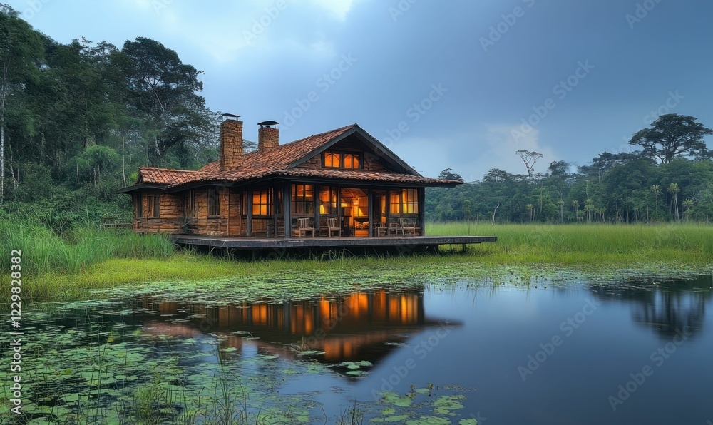 Obraz premium Lakeside cabin glows warmly, tranquil forest setting.