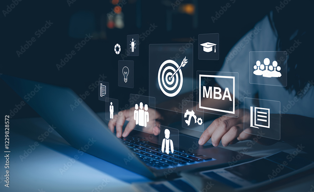 Achieving MBA Success: Laptop, Graduation Cap, Target, Lightbulb, Teamwork, Books. Conceptual image representing the journey and goals of pursuing a Master of Business Achieving MBA Success: Laptop, Graduation Cap, Target, Lightbulb, Teamwork, Books. Conceptual image representing the journey and goals of pursuing a Master of Business