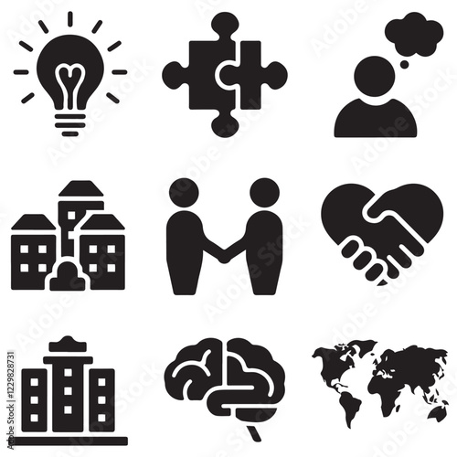 Solution flat icon vector set silhouette. Containing problem solving, light bulb, idea, strategy, creativity, innovation, meeting, teamwork, connecting, management, puzzle