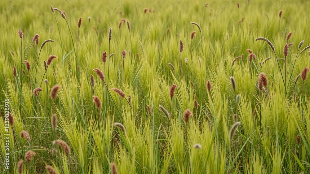 Long shot of a bromus tectorum infestation in a meadow, with other vegetation struggling to compete, invasive species, ecosystem disruption Long shot of a bromus tectorum infestation in a meadow, with other vegetation struggling to compete, invasive species, ecosystem disruption