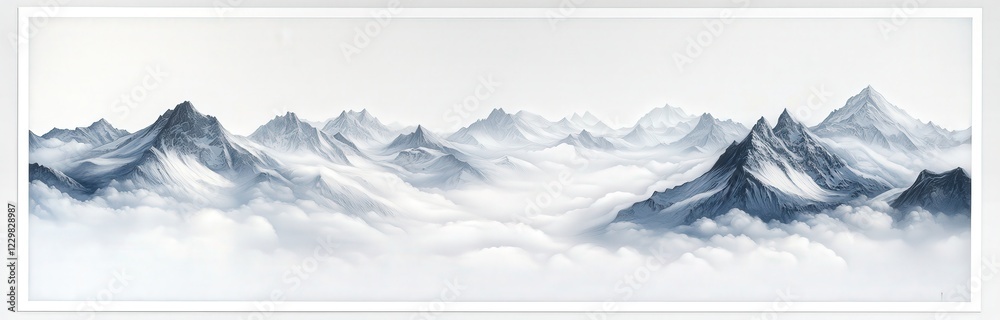 The artwork shows a beautiful painting of mountains in the clouds The artwork shows a beautiful painting of mountains in the clouds