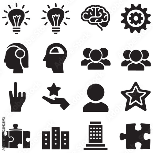 Solution flat icon vector set silhouette. Containing problem solving, light bulb, idea, strategy, creativity, innovation, meeting, teamwork, connecting, management, puzzle