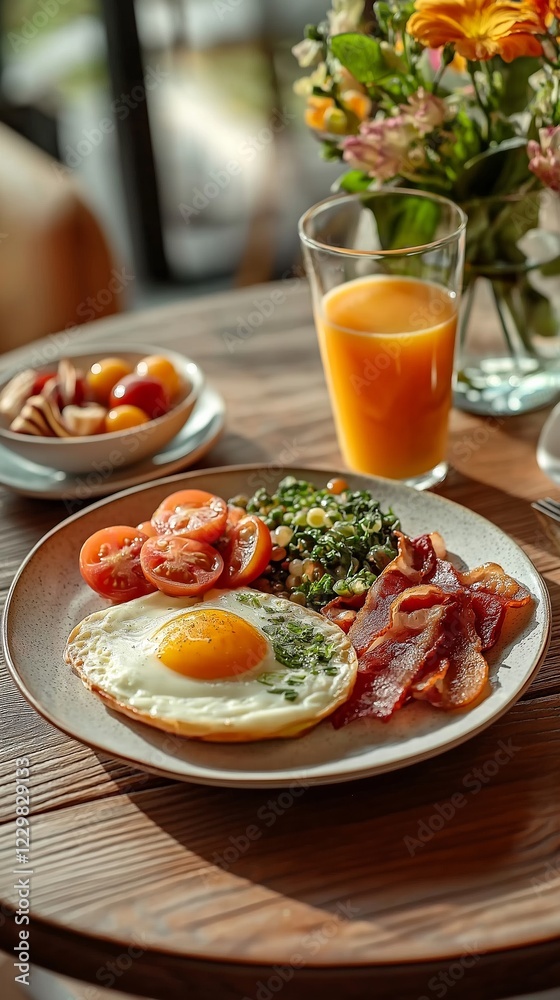 A beautifully plated breakfast with crispy bacon, sunny-side-up eggs, fresh greens, tomatoes, and orange juice, creating a warm and inviting meal setting A beautifully plated breakfast with crispy bacon, sunny-side-up eggs, fresh greens, tomatoes, and orange juice, creating a warm and inviting meal setting