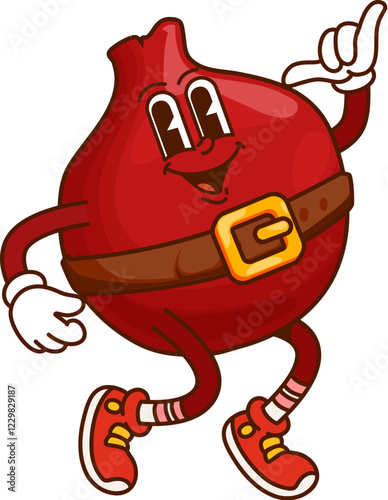 Cartoon groovy pomegranate pirate and corsair fruit character with vibrant smile showcasing funky swashbuckling vibe. Isolated vector ripe garnet rover happily jumps and rejoices with funny expression