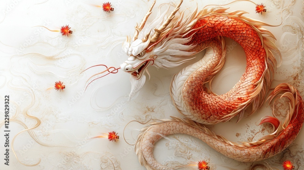 Obraz premium Elegant orange dragon coiled on beige background