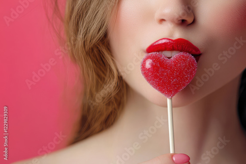 Close up of a woman with red lipstick and a valentine heart lolly