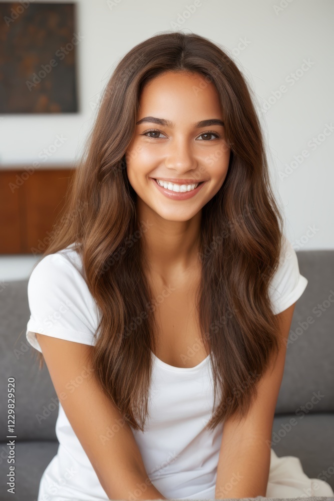 smiling woman sitting on a couch with long brown hair smiling woman sitting on a couch with long brown hair