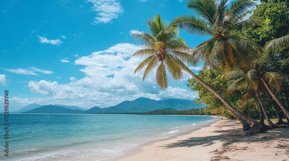 Serene tropical beach with tall palm trees, blue skies, and soft sand. Ideal for travel, tourism, and vacation promotions, appealing to beach lovers and travel companies. Serene tropical beach with tall palm trees, blue skies, and soft sand. Ideal for travel, tourism, and vacation promotions, appealing to beach lovers and travel companies.
