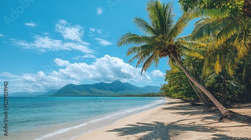 Serene tropical beach with tall palm trees, blue skies, and soft sand. Ideal for travel, tourism, and vacation promotions, appealing to beach lovers and travel companies.