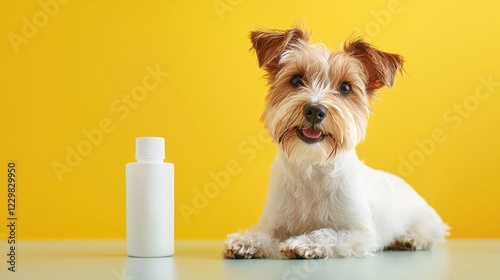 Cute terrier dog lying near a white bottle on a yellow background pet care product concept