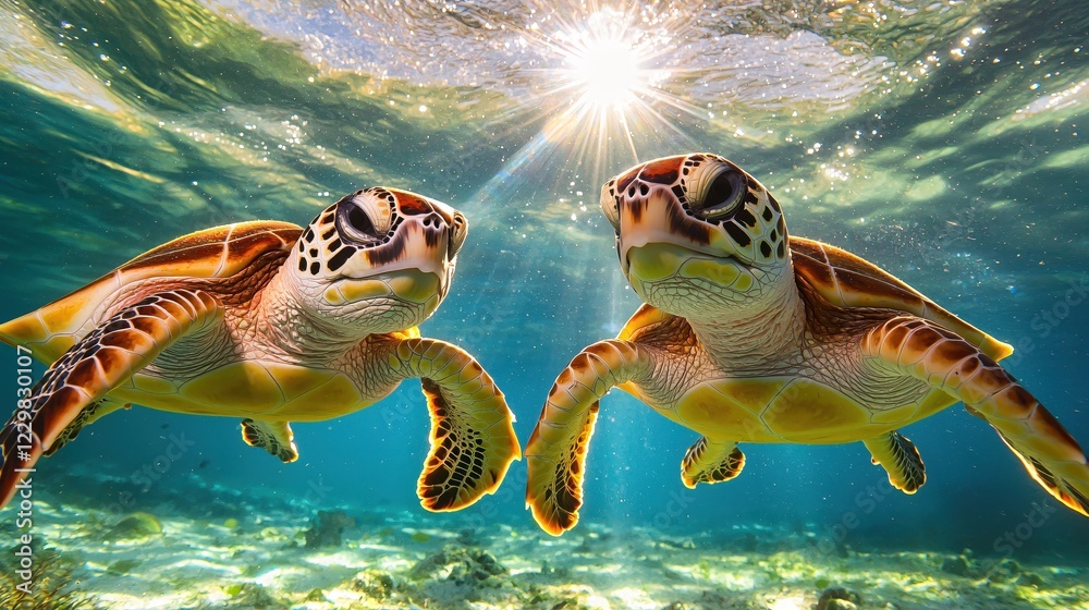 Obraz premium Two Sea Turtles Swim in Sunlight Ocean Underwater Paradise