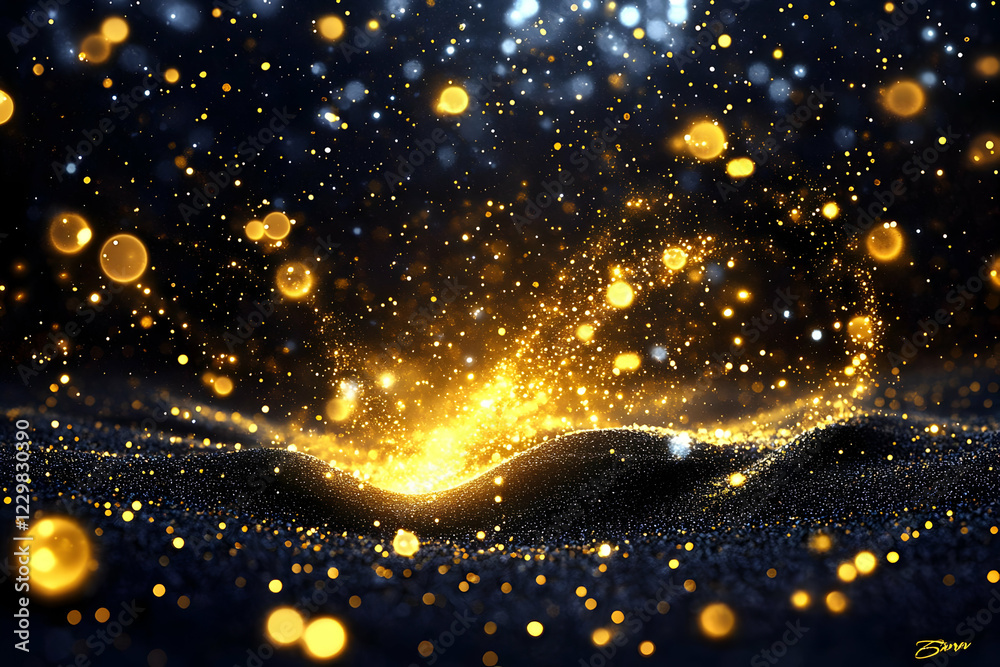 Fototapeta premium Golden particles glow, dark background, celebration
