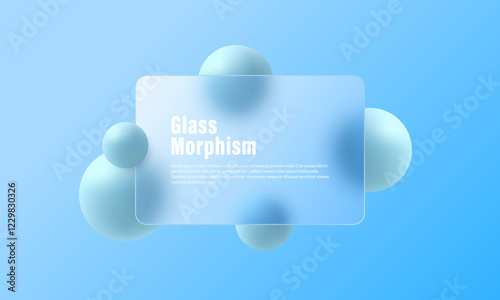 Website landing page in glass morphism style. Partition made of transparent material with floating spheres.