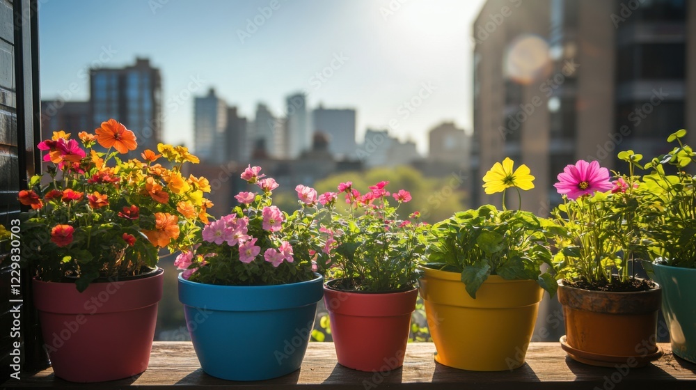 Bright and Colorful Balcony Garden with Potted Flowers in Sunlight Bright and Colorful Balcony Garden with Potted Flowers in Sunlight