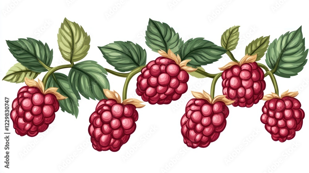 Raspberry branch with ripe berries and green leaves on white background. Raspberry branch with ripe berries and green leaves on white background.