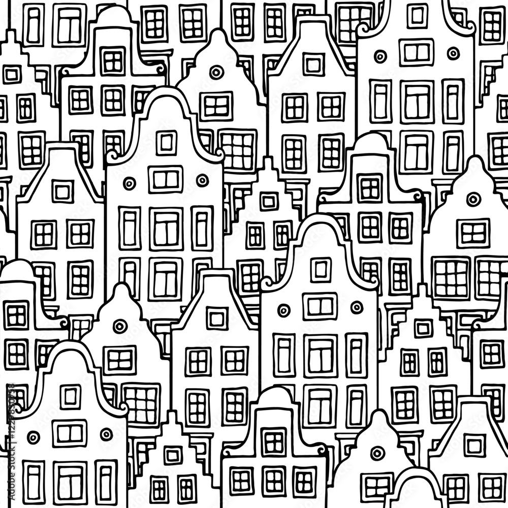 Fototapeta Seamless pattern of doodle Dutch canal houses