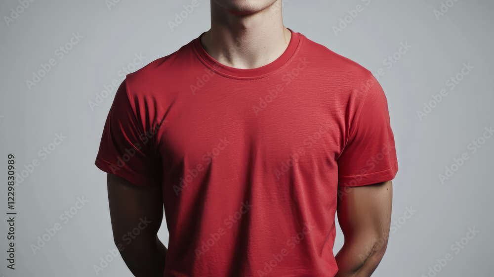 man modeling a bright red t-shirt, standing with his hands behind his back man modeling a bright red t-shirt, standing with his hands behind his back