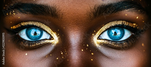 Close up of Female Eyes Accentuated with Gold Dramatic Lighting. Professional Beauty Shot photo