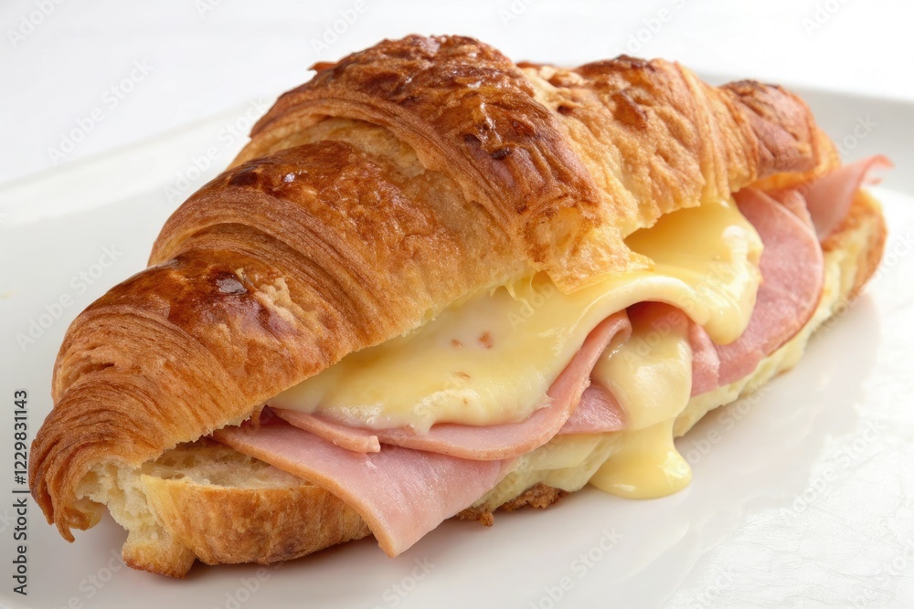 Melted cheese and thinly sliced ham peeking out from the layers of a buttery croissant, close-up, morning snack,