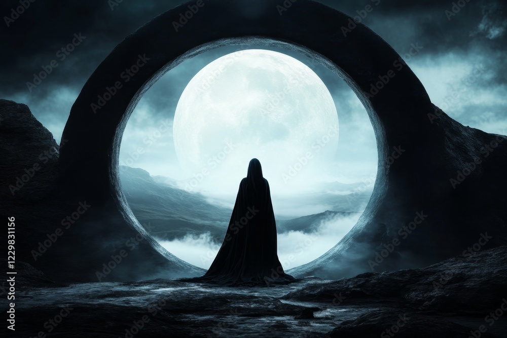 A gothic scene of a character staring out of a large arched window at a misty valley, contemplating their prospective destiny under a full moon