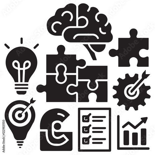 Solution flat icon vector set silhouette. Containing problem solving, light bulb, idea, strategy, creativity, innovation, meeting, teamwork, connecting, management, puzzle