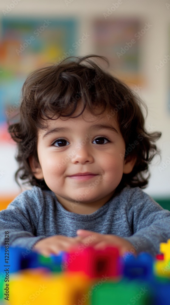 Happy Child with Curly Hair Playing with Colorful Blocks Happy Child with Curly Hair Playing with Colorful Blocks